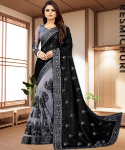 এক্সক্লুসিভ ইন্ডিয়ান ওয়েটলেস জর্জেট কালো /অ্যাশ এমব্রয়ডারি করা পার্টি শাড়ি