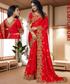 এক্সক্লুসিভ ইন্ডিয়ান ওয়েটলেস জর্জেট লাল এমব্রয়ডারি করা পার্টি শাড়ি