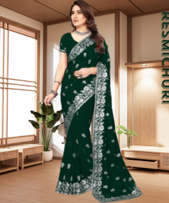 এক্সক্লুসিভ ইন্ডিয়ান ওয়েটলেস জর্জেট সবুজ এমব্রয়ডারি এবং স্টোন করা পার্টি শাড়ি